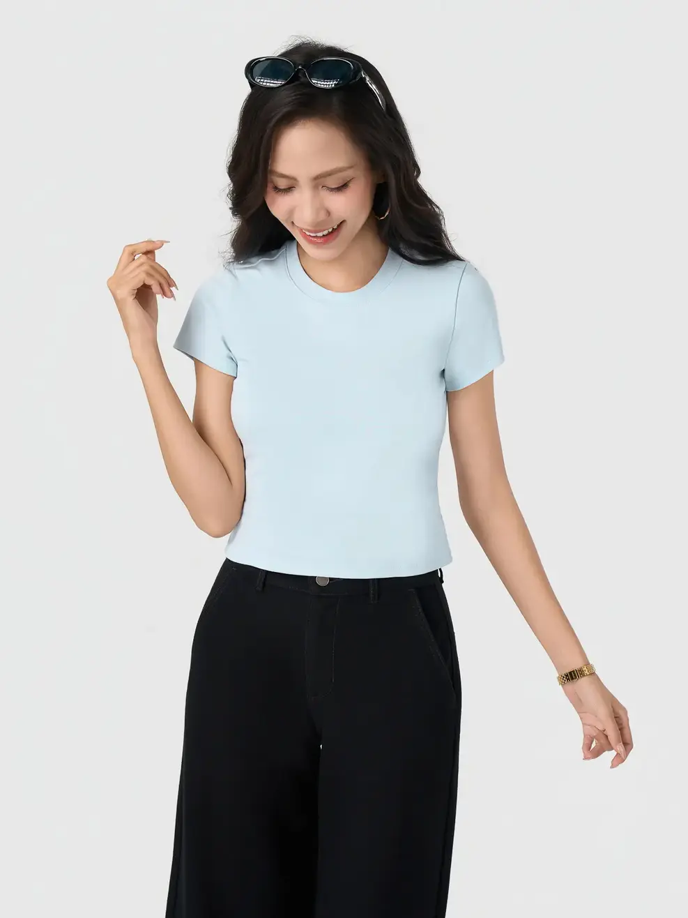 Áo Phông Nữ Slimfit Thun Rib Coton Mềm - Xanh Blue 131 - S