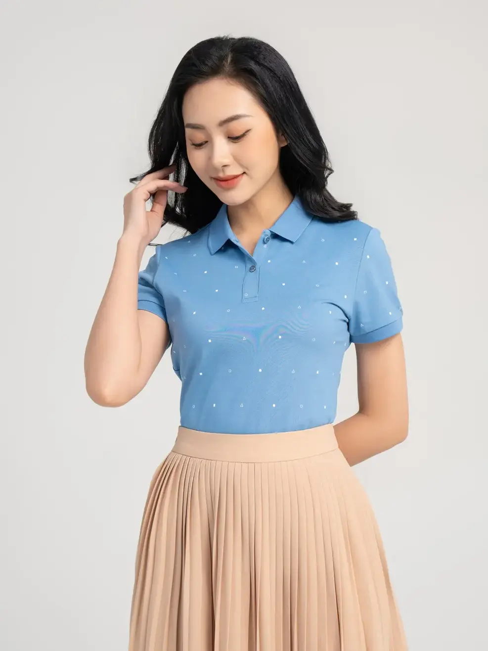 Áo polo nữ mắt chim  in tràn hình học - Xanh - S
