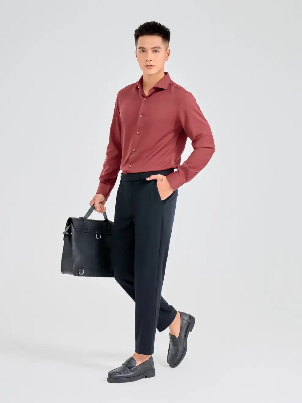 Sơ Mi Dài Tay Nam Nano Phối Cổ - Đỏ đậm - M