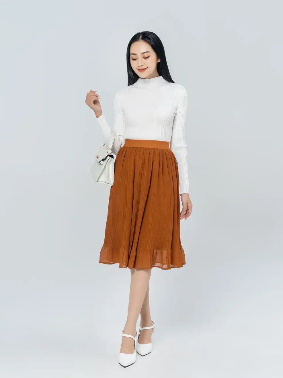 Chân váy cạp chun dập tầng - Nâu - S