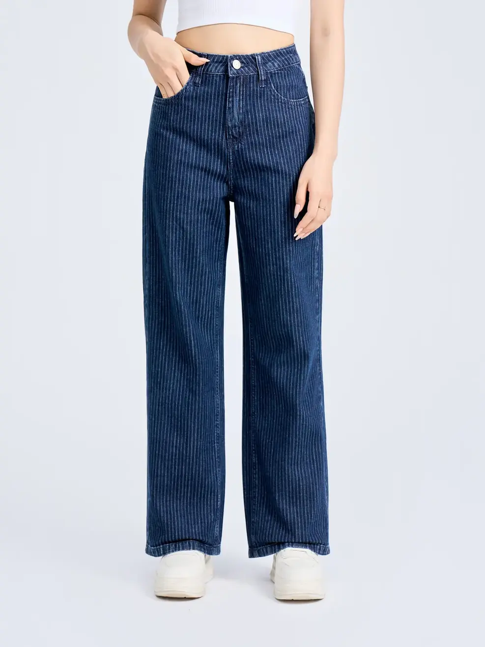 Quần Jeans Nữ Ống Suông Kẻ Xương Cá - Xanh đậm - 25