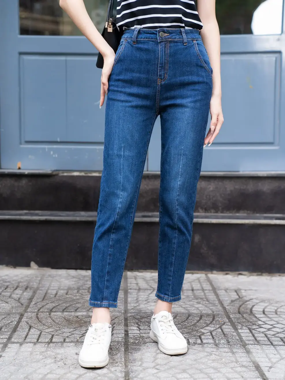 Quần jeans nữ ôm vừa xếp ly ống - Xanh đậm