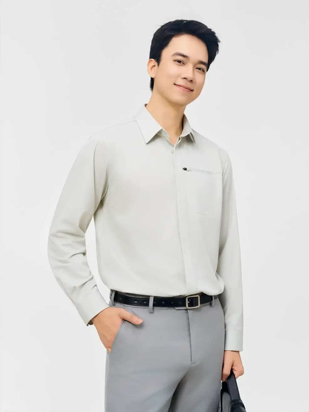 Áo Sơ-mi Nam Dài Tay Cao Cấp Túi Khóa Ngực - Xám 001 - M