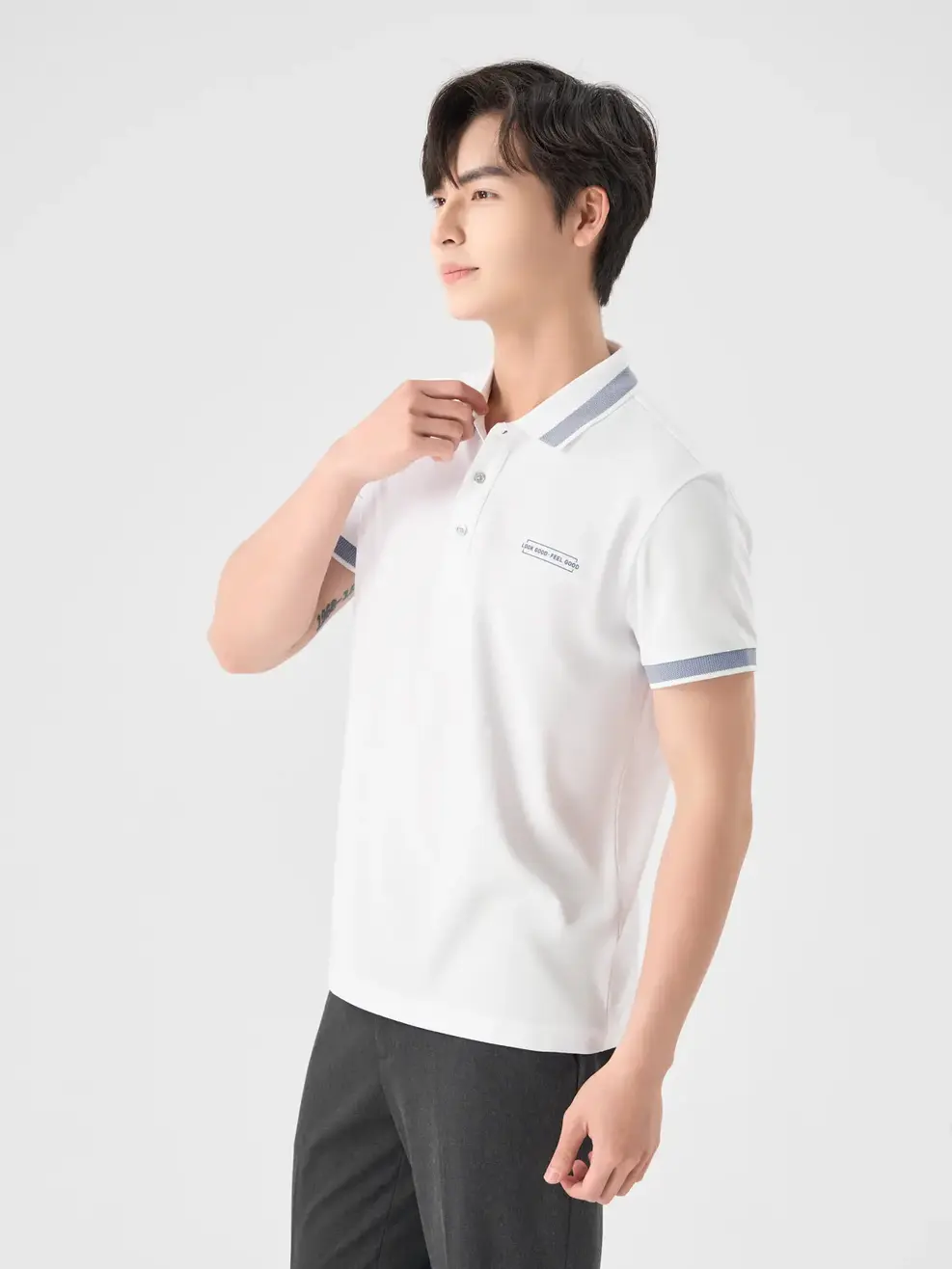 Polo Nam Cafe Dệt Tổ Ong In Ngực - Trắng - 4XL