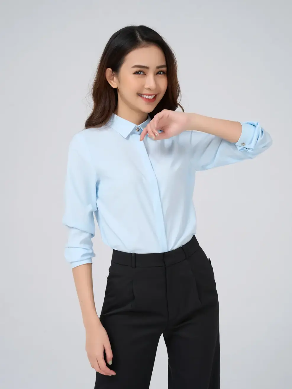 Sơ mi dài tay nữ nano office - Xanh - S