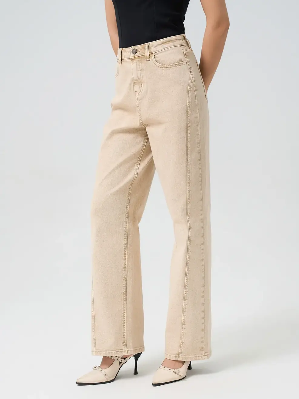 Quần Jeans Nữ Ống Rộng Cạp Cao Can Phối - Be - 25