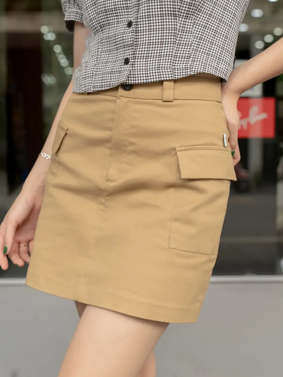 Chân váy nữ A túi hộp - Nâu nhạt - S