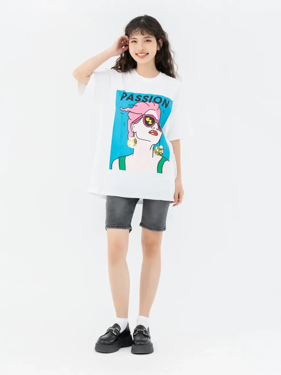 T-shirt Nữ Dáng Rộng In Cô Gái Chất Liệu Cotton Usa - Trắng 1 - F