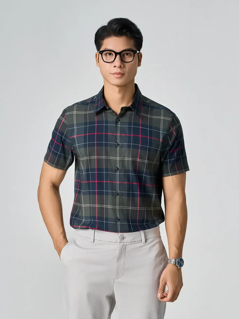 Áo Sơ-mi Nam Kẻ Caro Túi Ngực - Kẻ Tím Than 100 - S