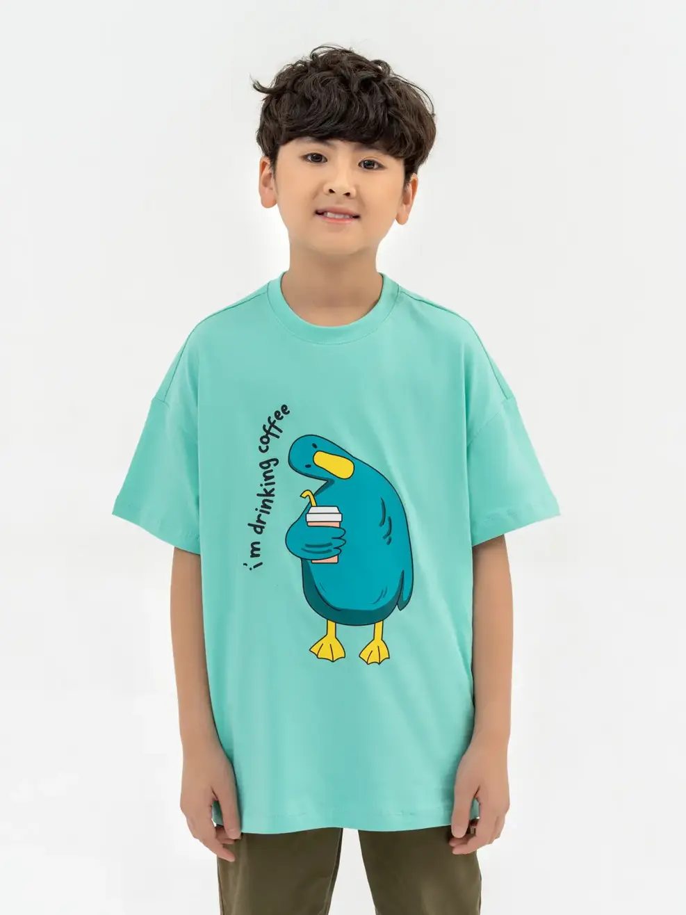 T-shirt Kid Lớn In Vịt Uống Coffee - Xanh ngọc - 14