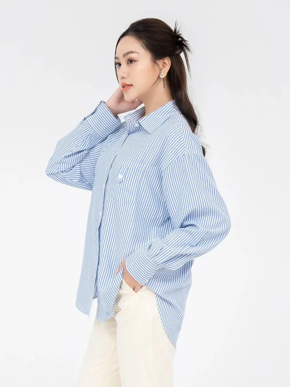 Áo Sơ Mi Tay Dài Nữ Nano Kẻ Năng Động - Kẻ xanh đậm - S