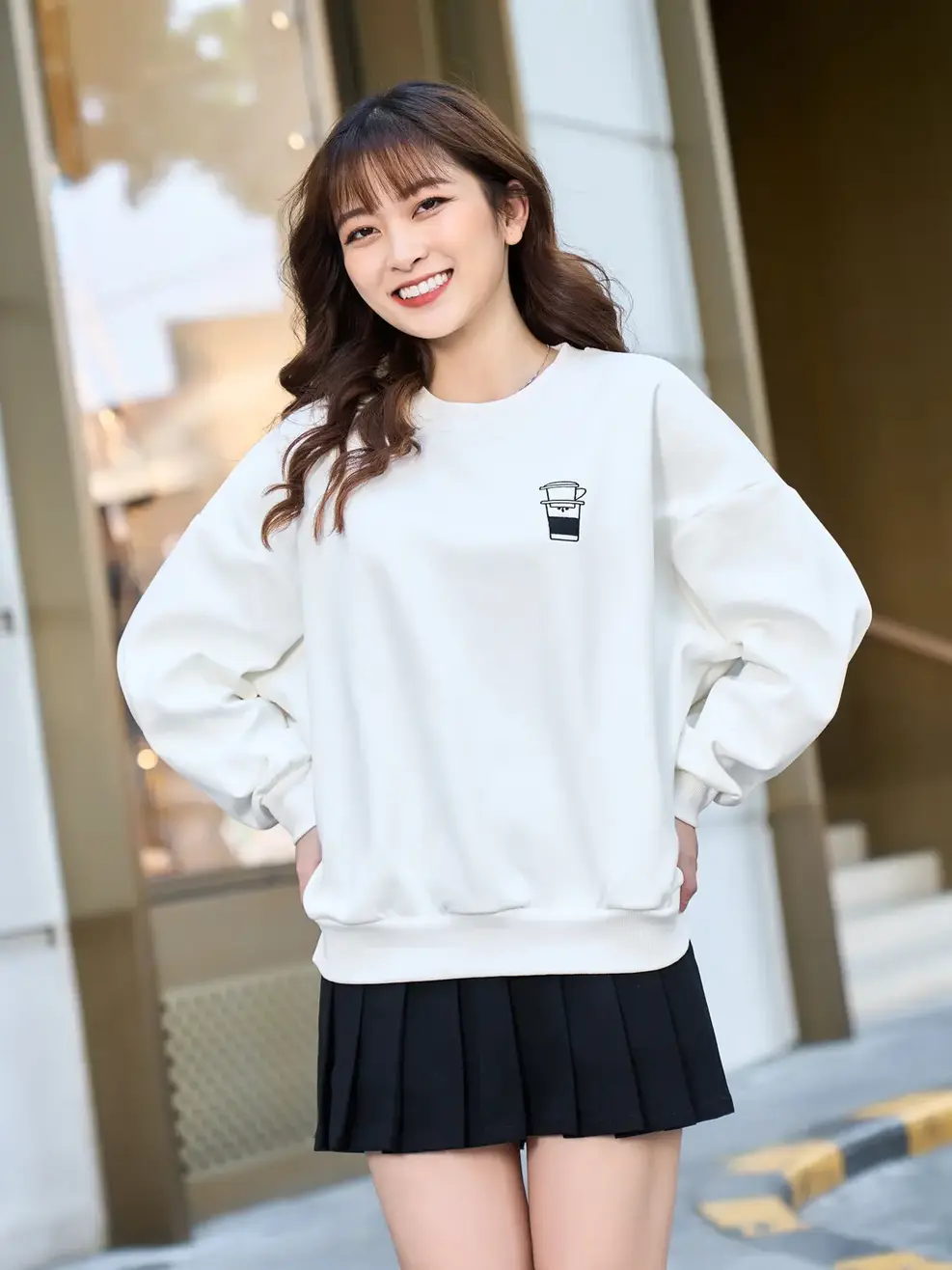 Áo nỉ nữ gia đình thêu COFFEE - Trắng - S