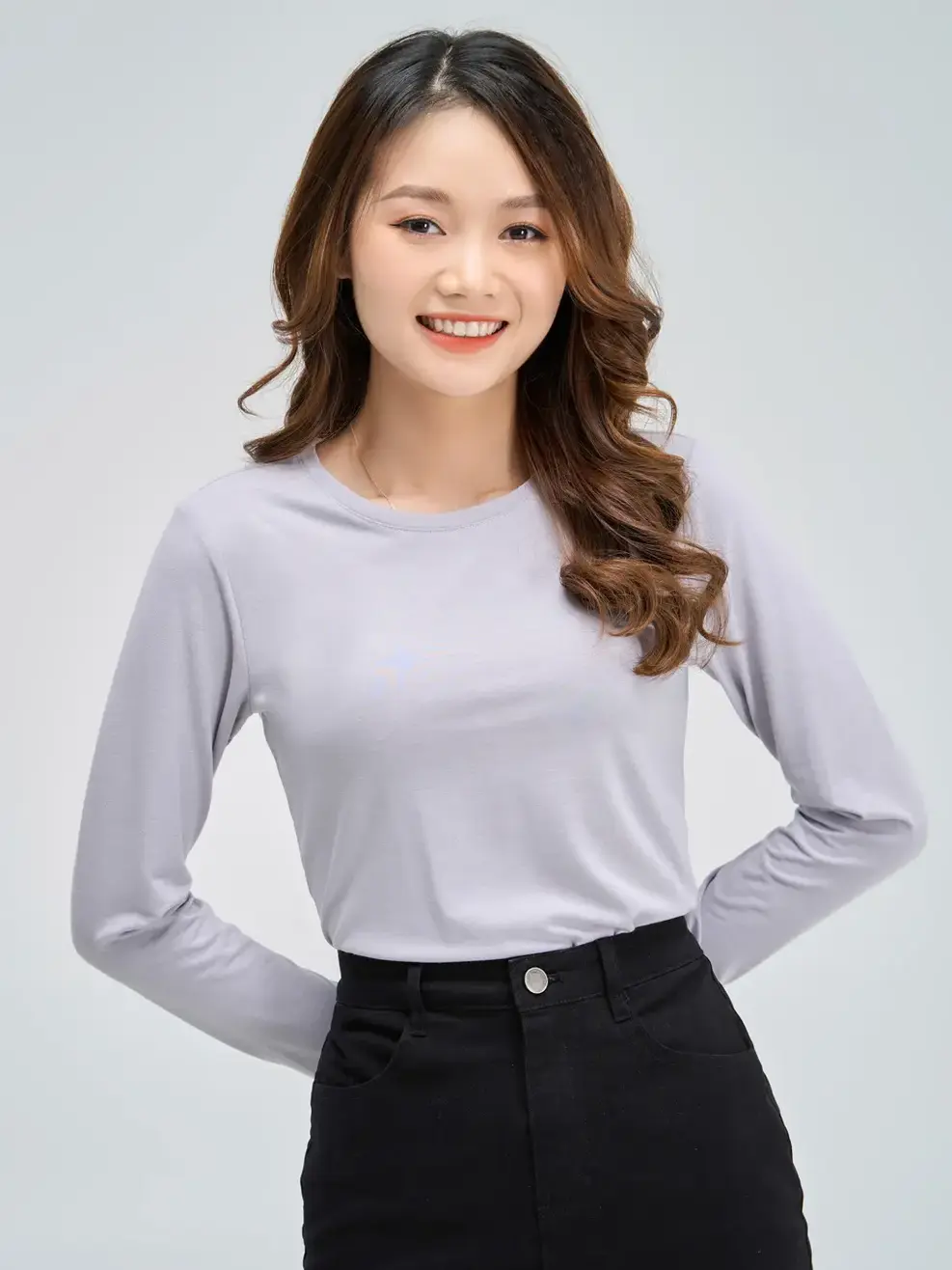 Áo giữ nhiệt nữ cổ tròn - Ghi - XL