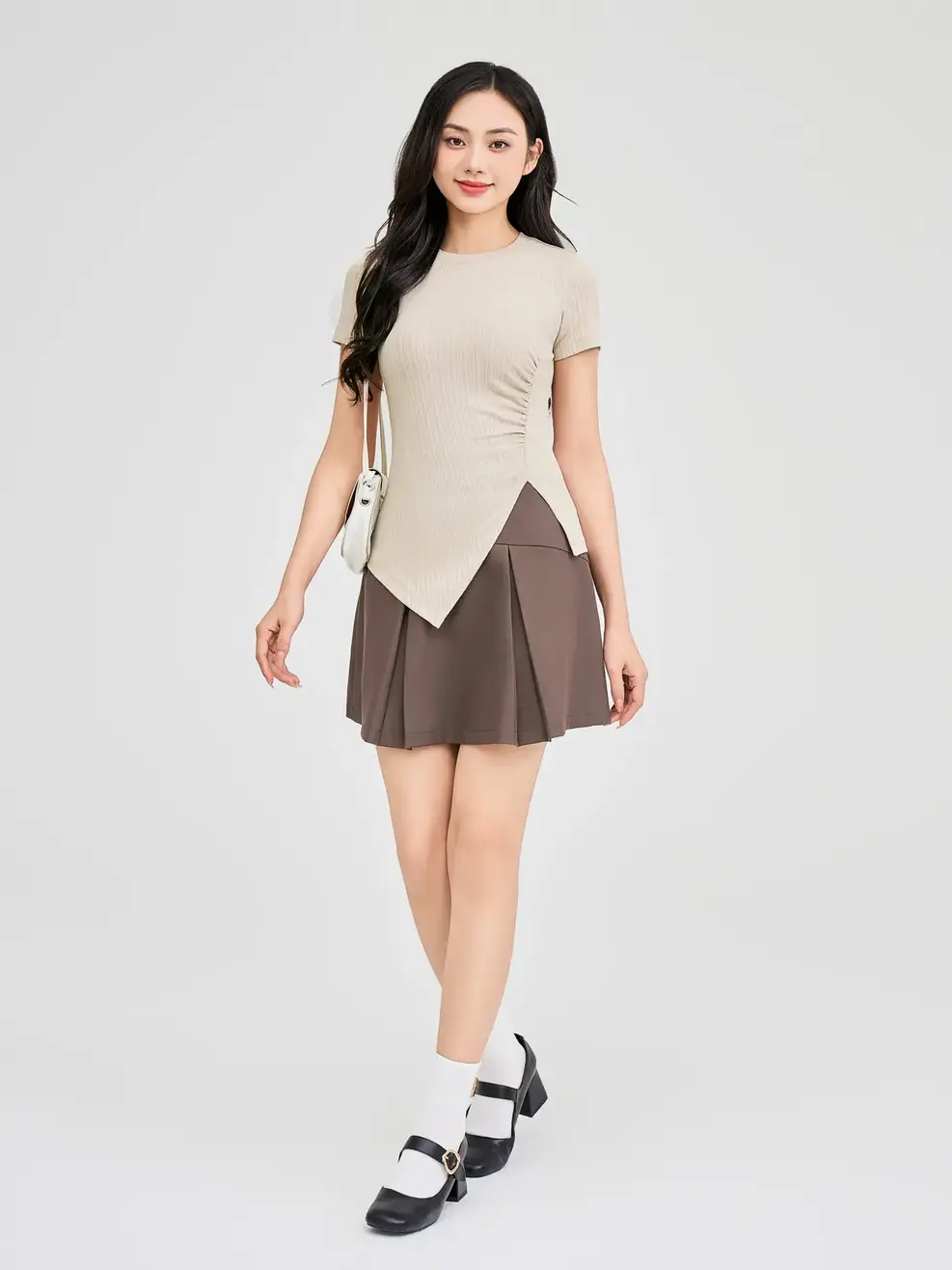 Áo Phông Nữ Nhún Sườn - Be - S