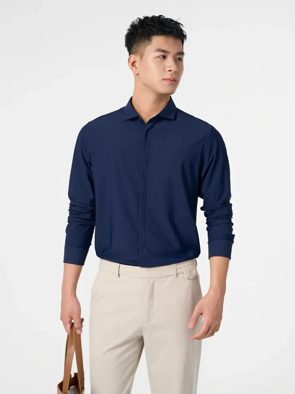Sơ Mi Dài Tay Nam Knit Tay Kiểu - Tím than - M