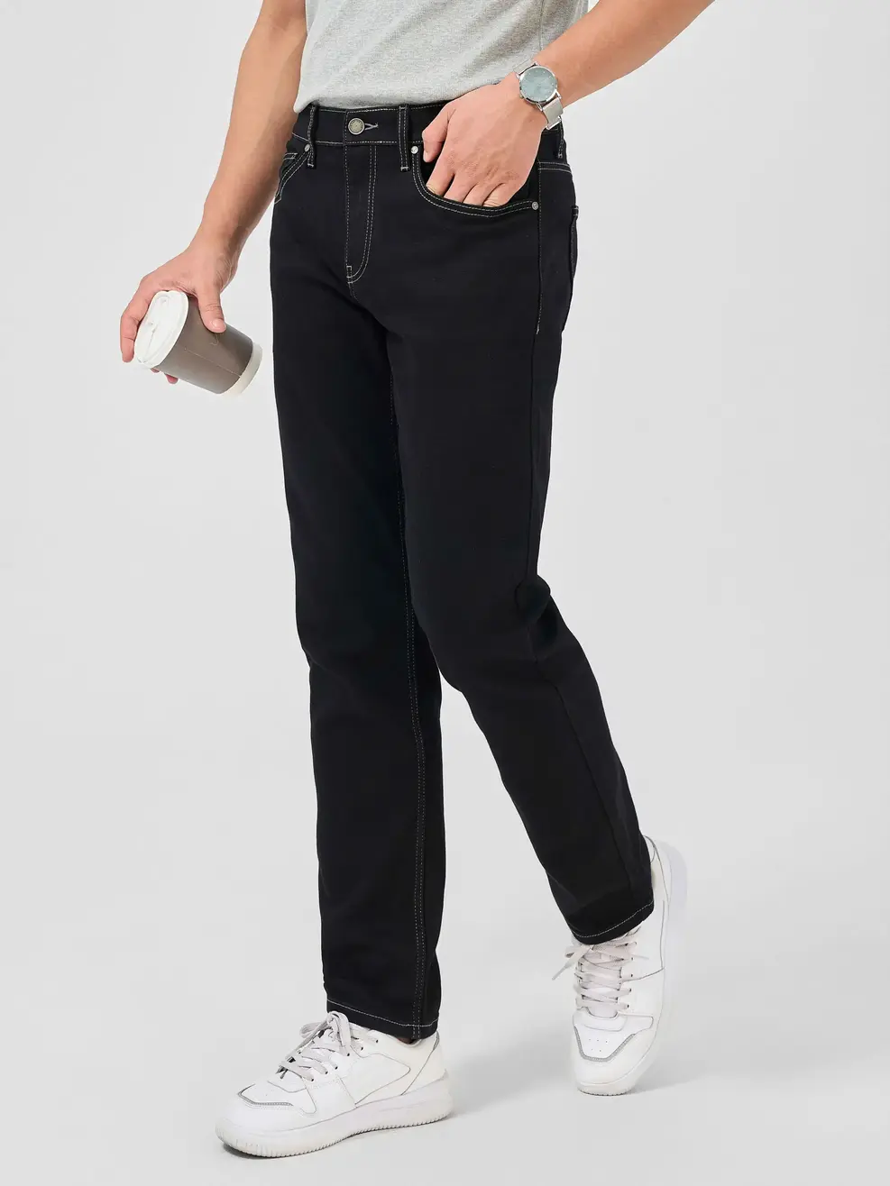 Quần Jeans Nam Slim Cafe Phối Chỉ Mác Da - Đen - 28