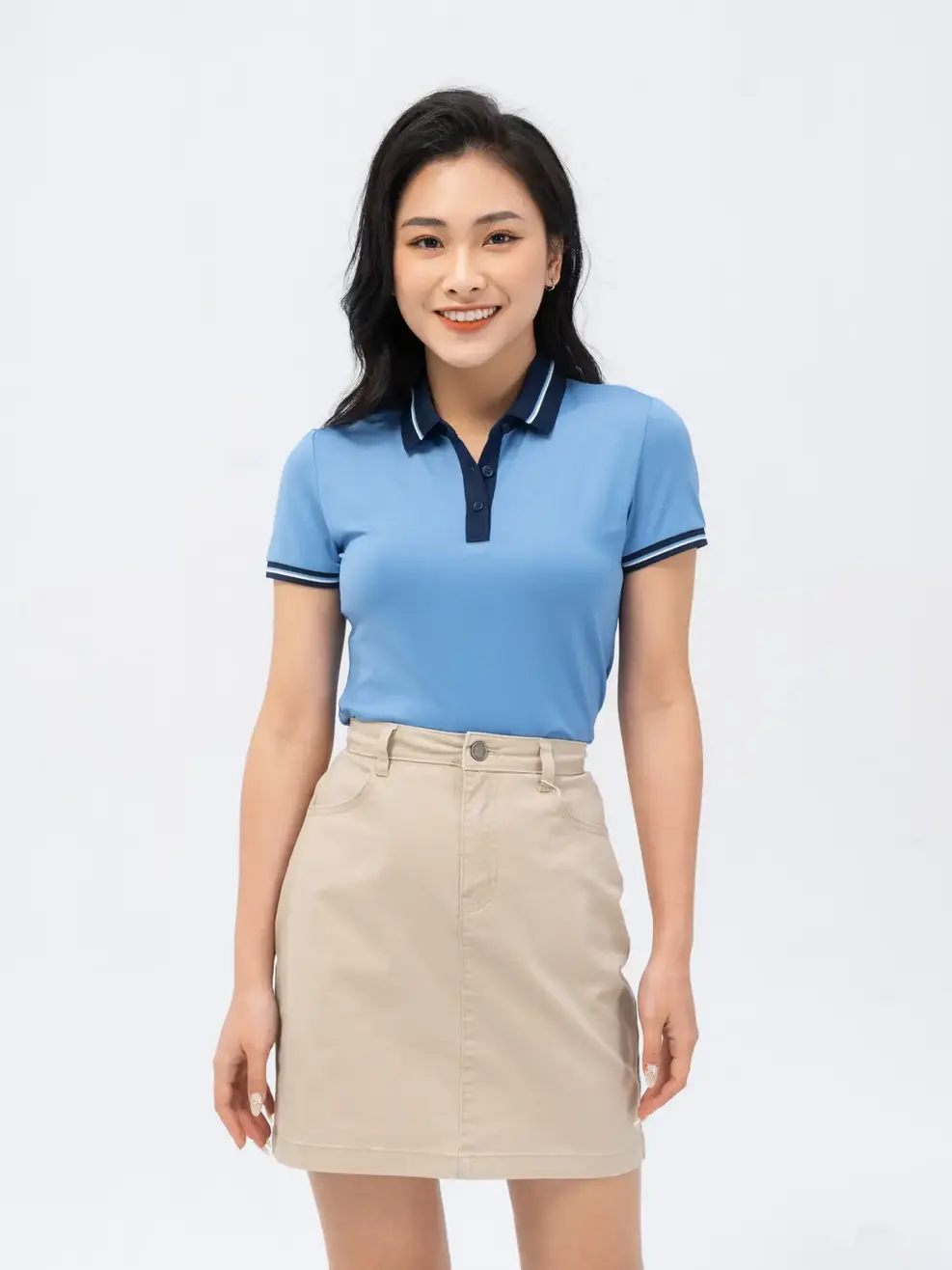 Polo nữ coolmax bo phối màu - Xanh Biển - S