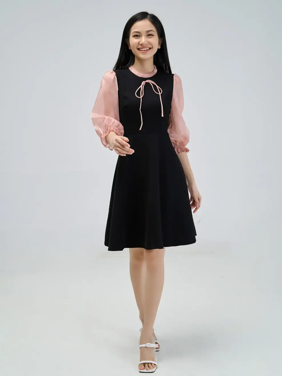 Đầm xòe phối tay - Cam - S