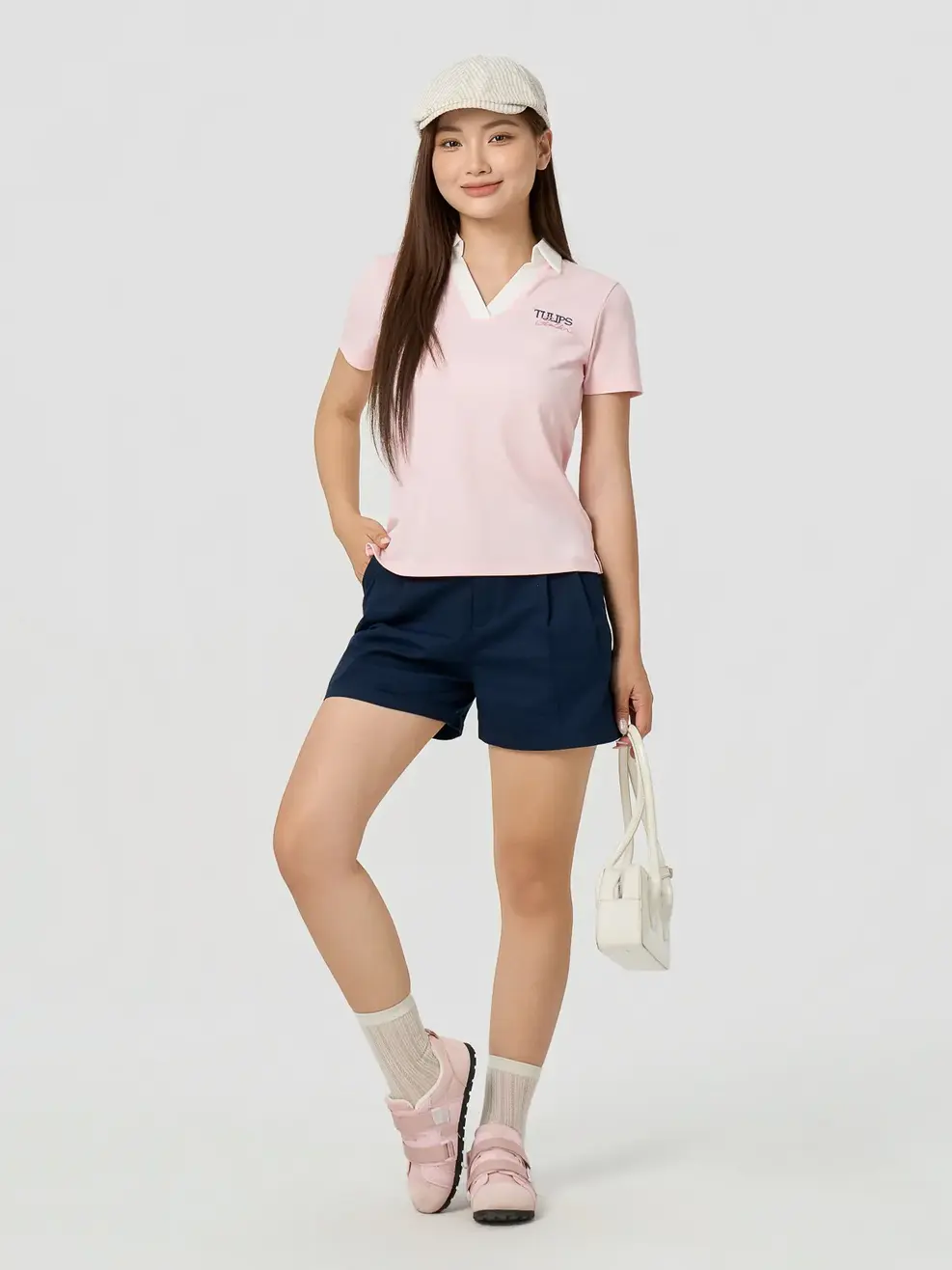 Áo Polo Nữ Cổ V Thêu Hình - Hồng 104 - XL