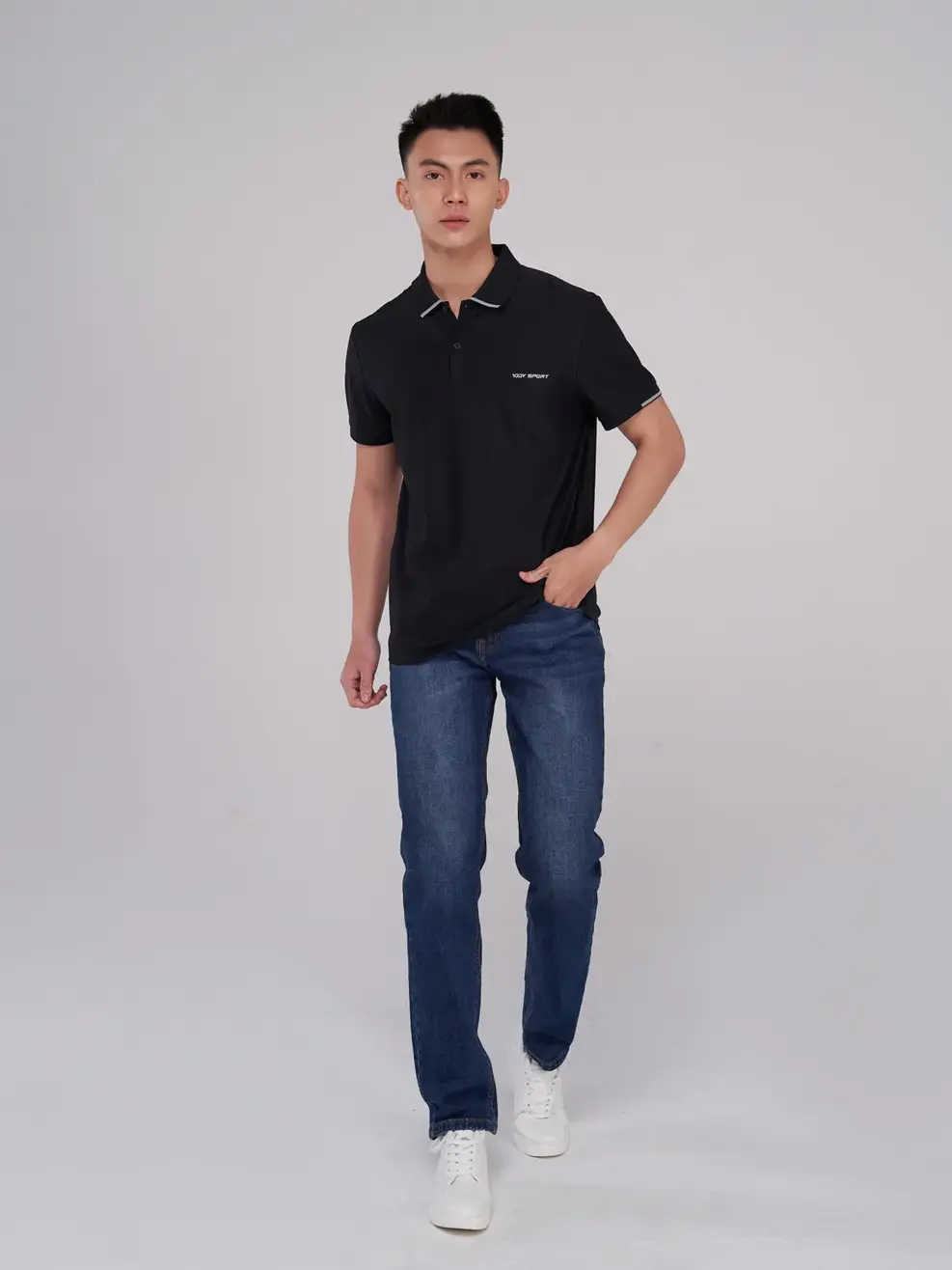 Polo thể thao nam logo ngực - Đen - 2XL