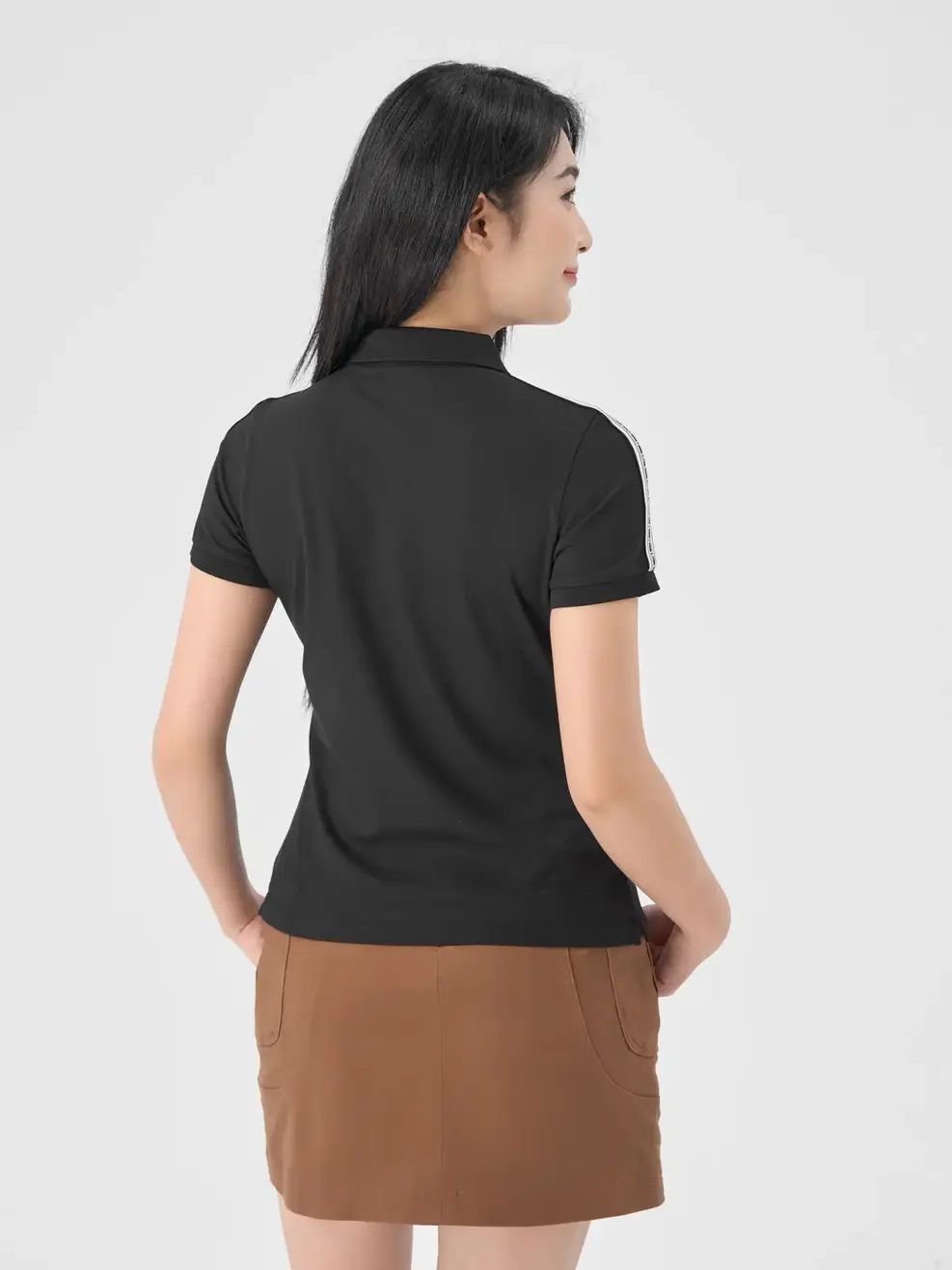 Polo Nữ Cafe Dệt Tổ Ong Phối Dây Dệt - Đen - S