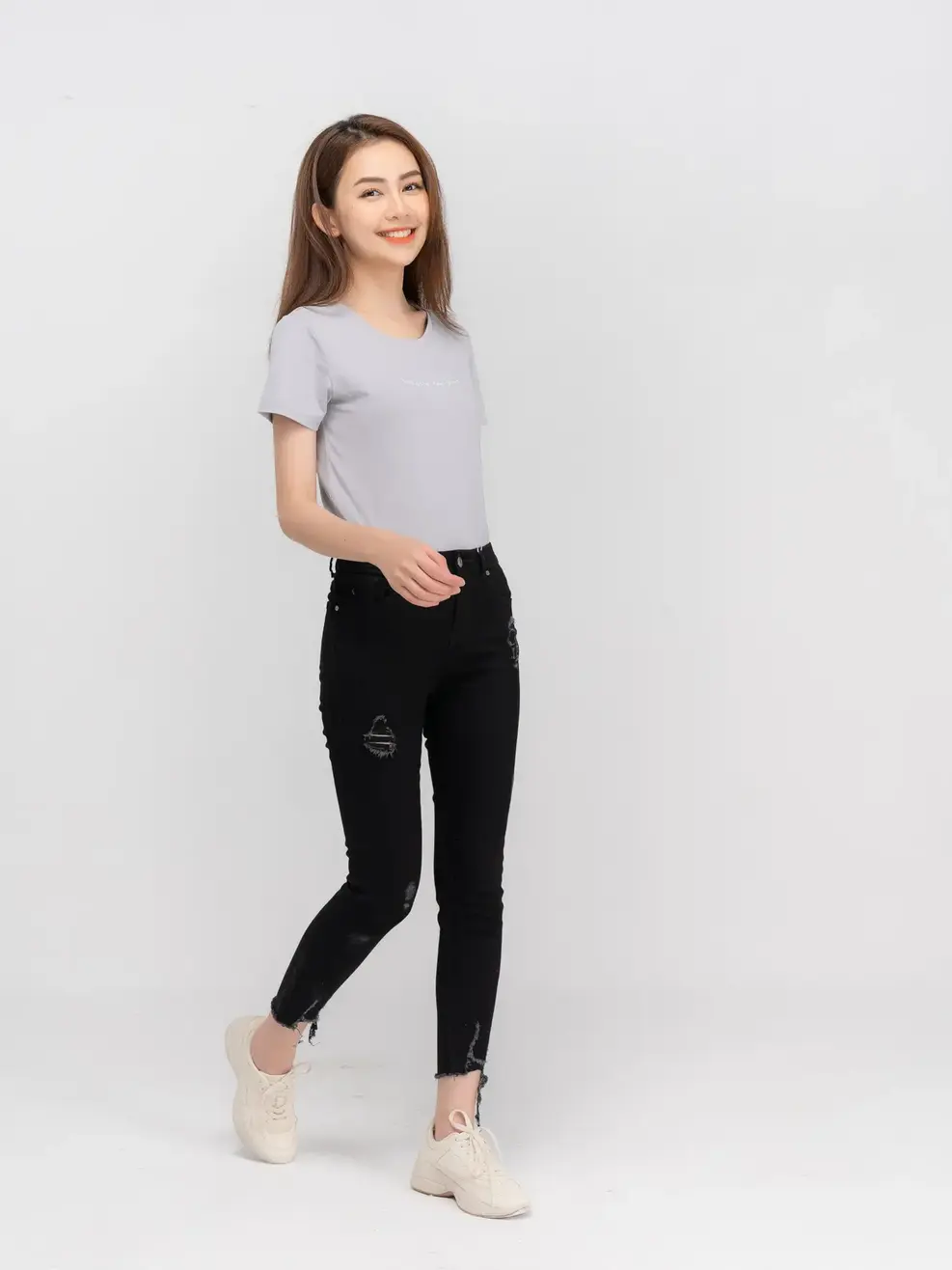 Áo phông nữ cổ tròn cotton - Xám - M