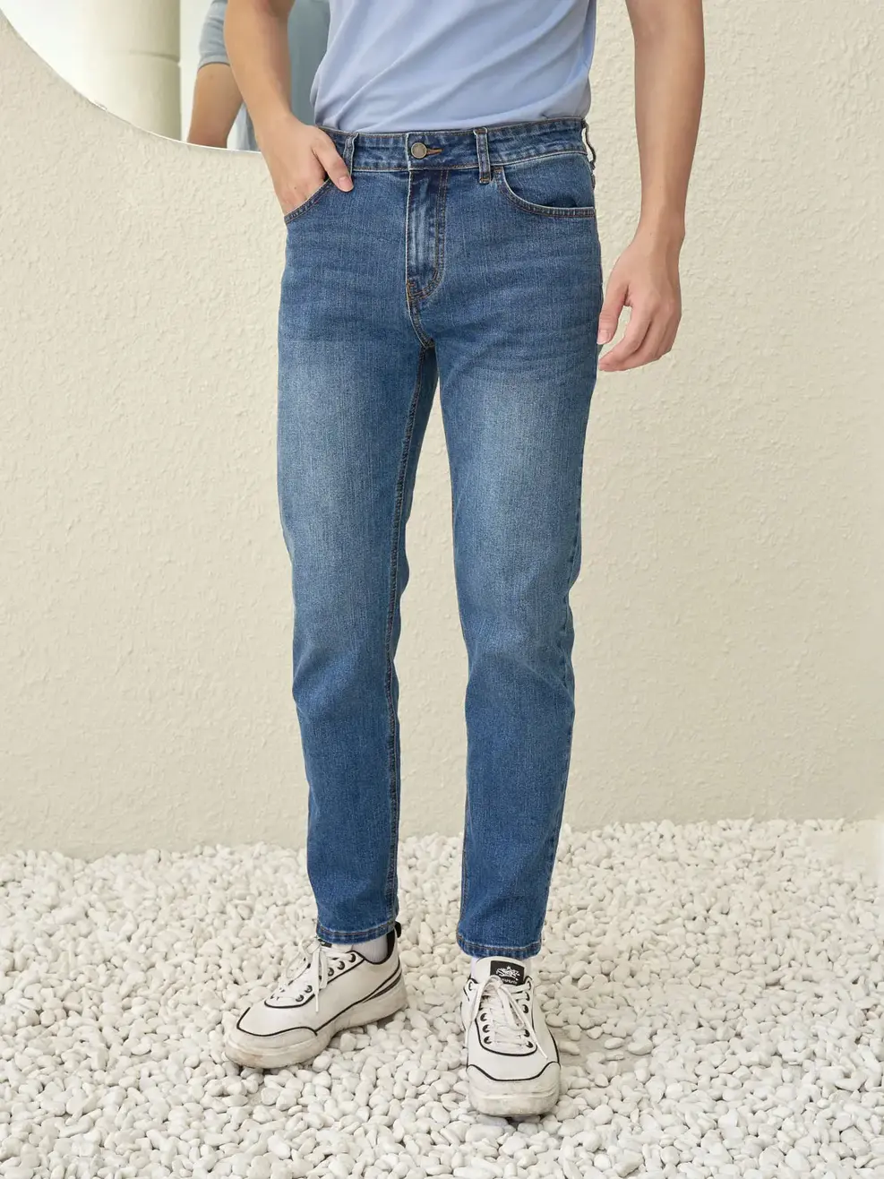 Quần jean nam Regular cotton giặt mài - Xanh đậm - 28