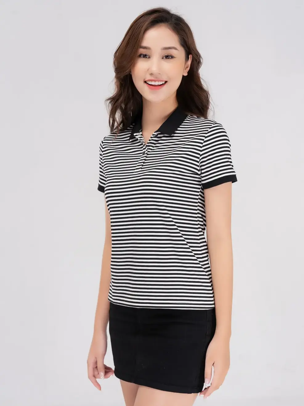 Polo kẻ nữ melange - Đen trắng - L