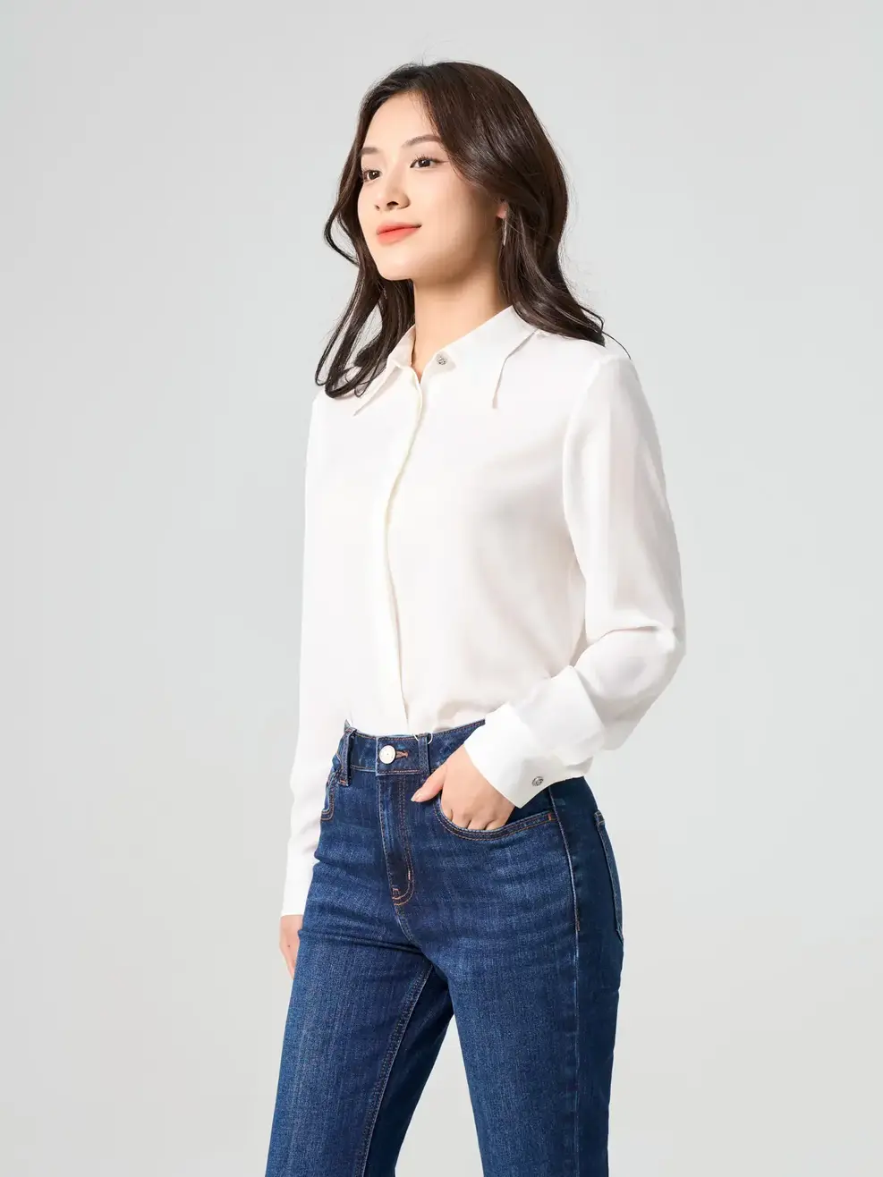 Áo Sơ Mi Tay Dài Nữ Nẹp Dấu Khuy Cơ Bản - Trắng - M