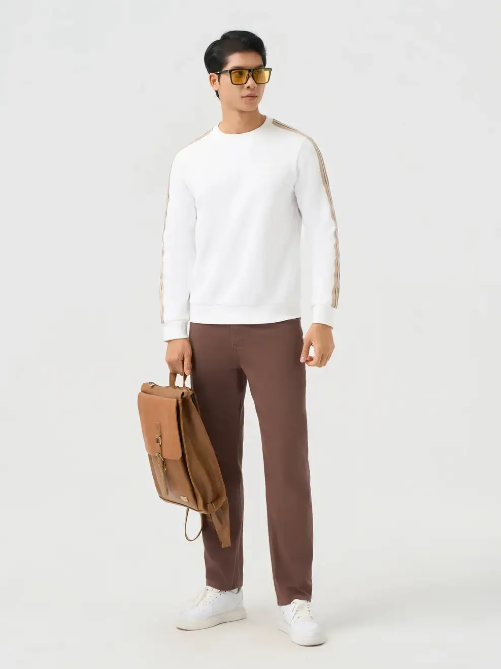 Áo Nỉ Nam Tay Phối Dây Dệt - Trắng 001 - M