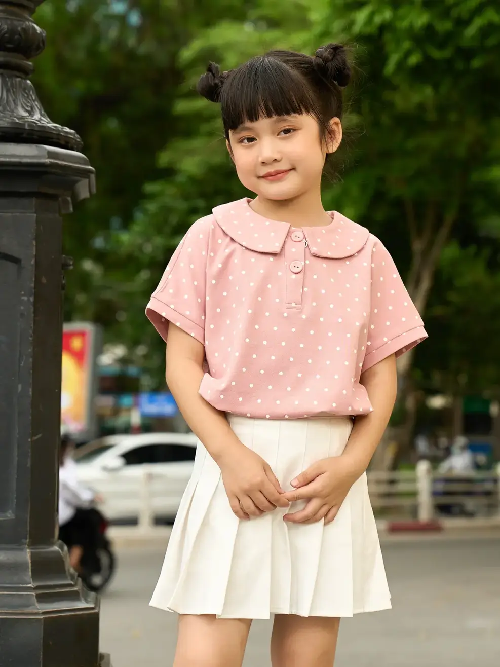 Áo polo trẻ em mắt chim chấm bi cổ sen - Hồng - 2