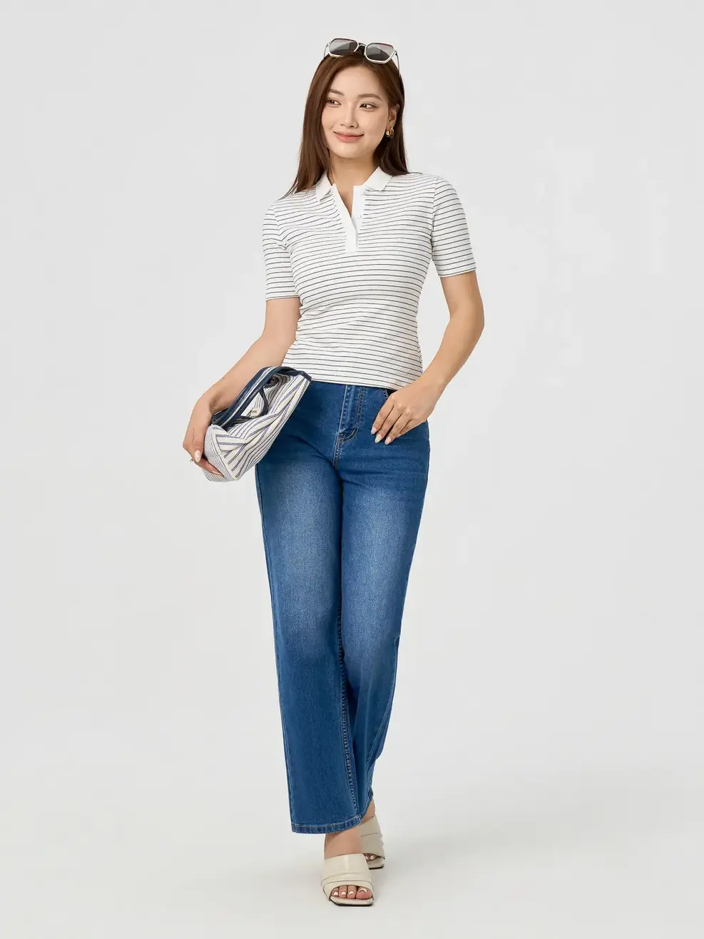 Áo Polo Nữ Kẻ Phối Bo Cổ - TRẮNG KẺ 1 - XS
