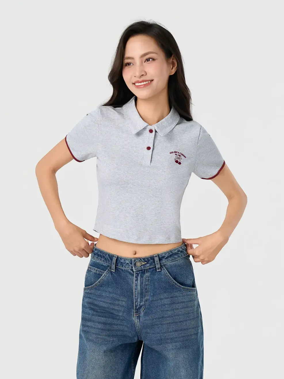 Áo Polo Nữ Crop Top Thêu Cherry - Phối Màu Xám 157 - S