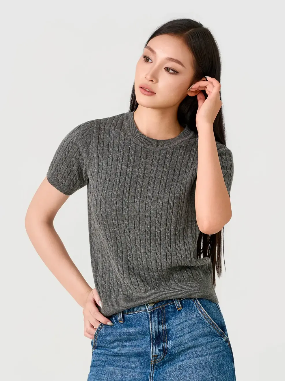 Áo Len Nữ Ngắn Tay Dệt Vặn Thừng - Phối Màu Xám 201 - S