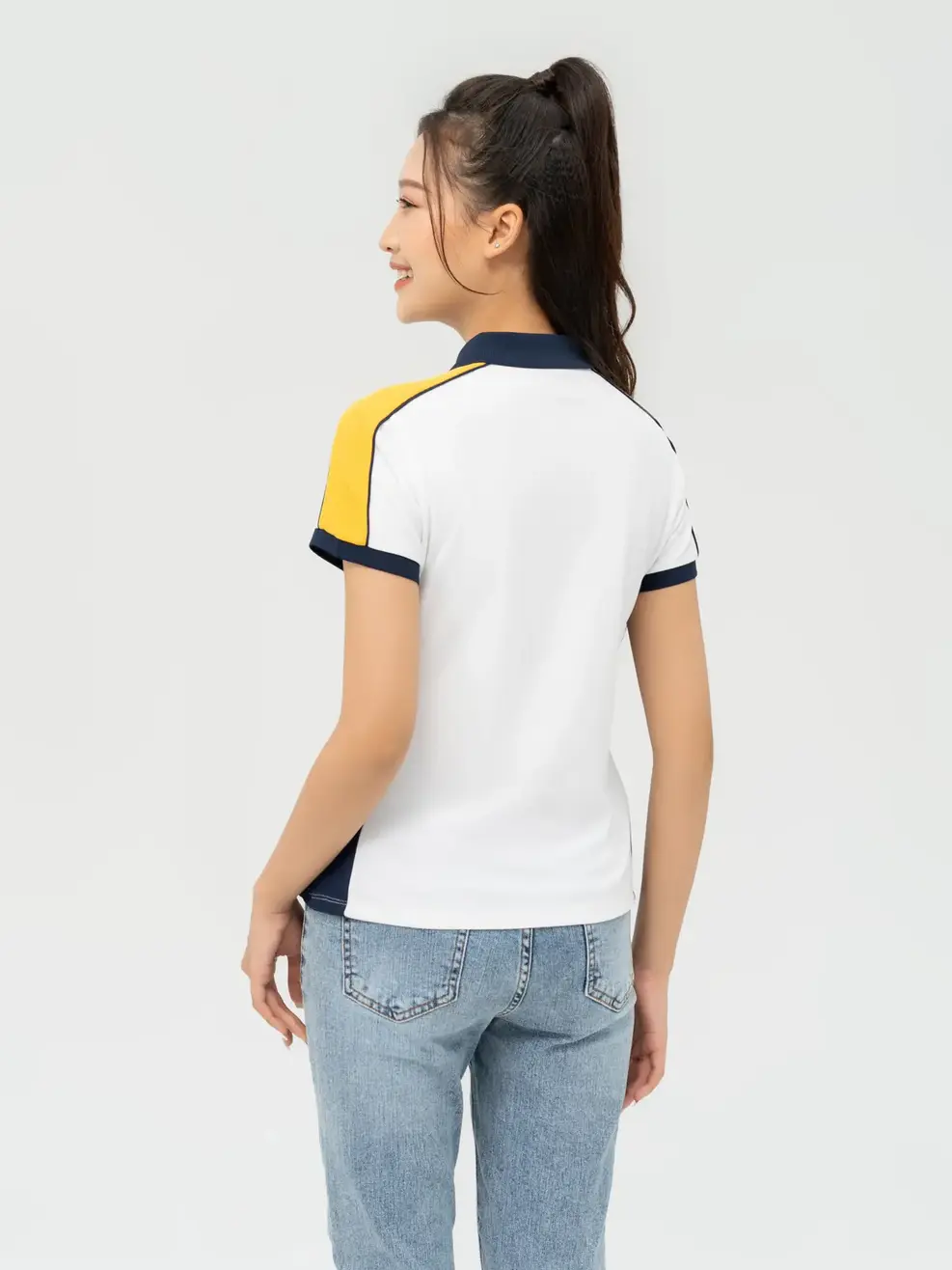 Polo Nữ Cafe Dệt Tổ Ong Phối 3 Màu - Trắng phối vàng - S