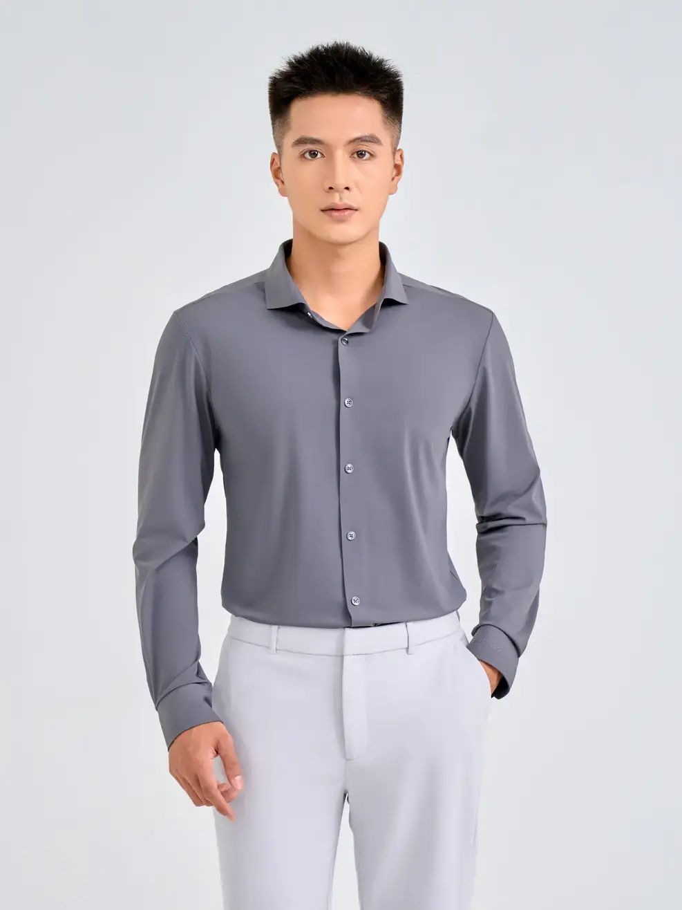 Sơ Mi Tay Dài Nam Siêu Co Giãn - Ghi Đậm - M