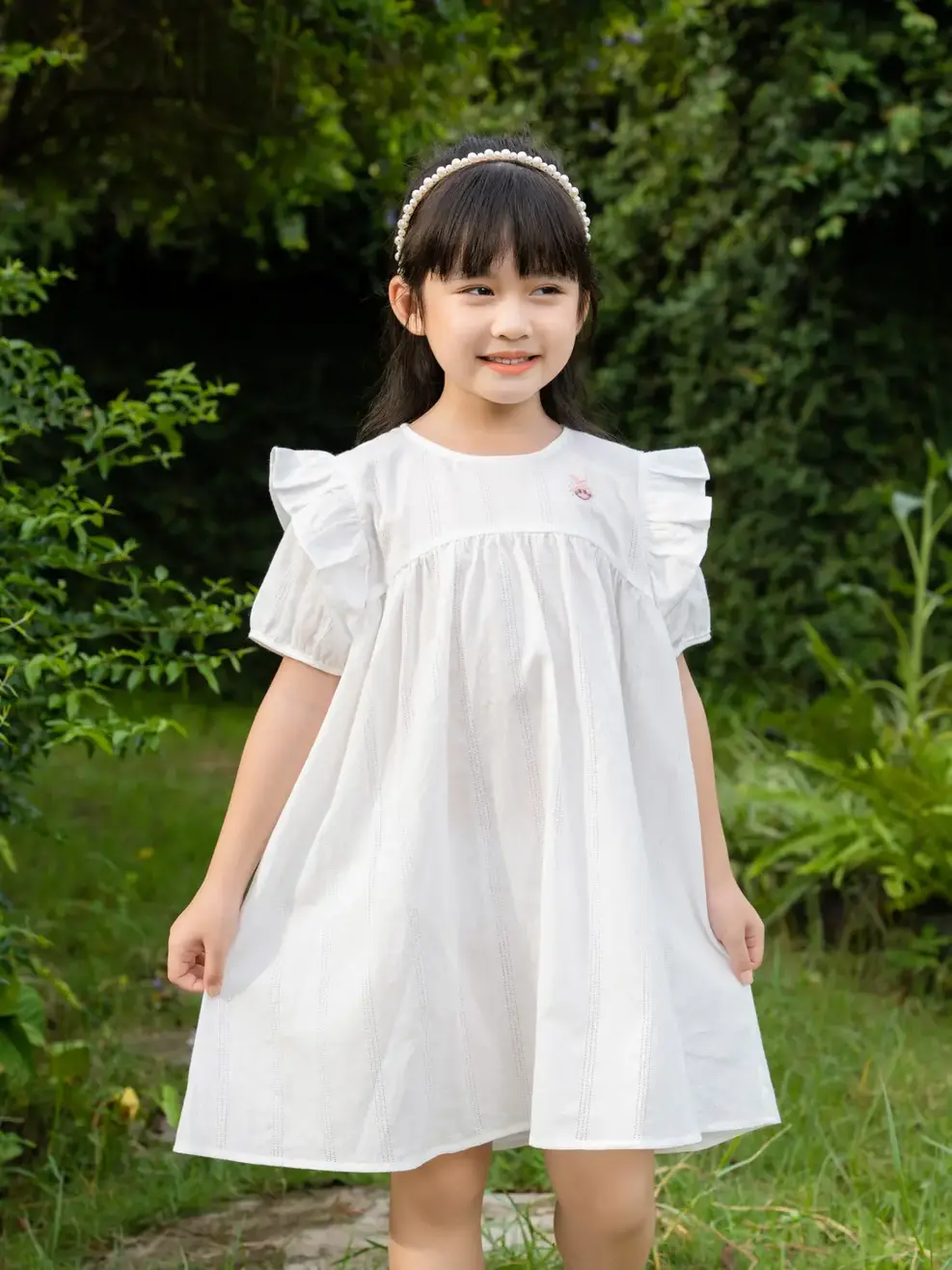 Váy kid nữ đầm trắng tay lỡ bèo vai - Trắng