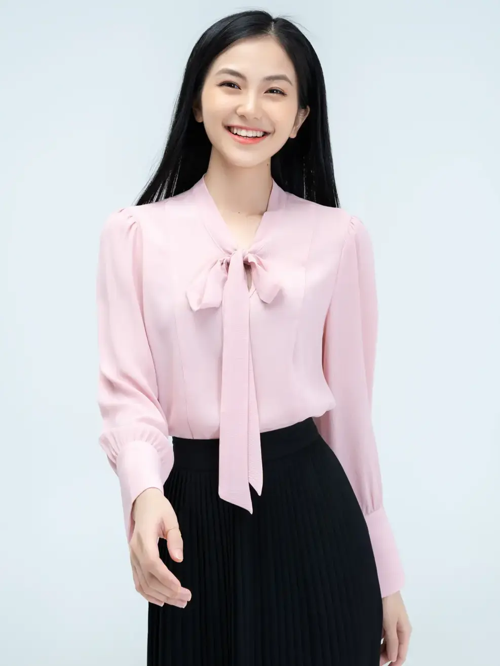 Sơ mi cổ nơ măng sec to bản - Hồng - S