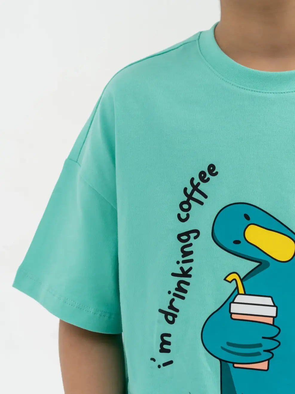 T-shirt Kid Lớn In Vịt Uống Coffee - Xanh ngọc - 14