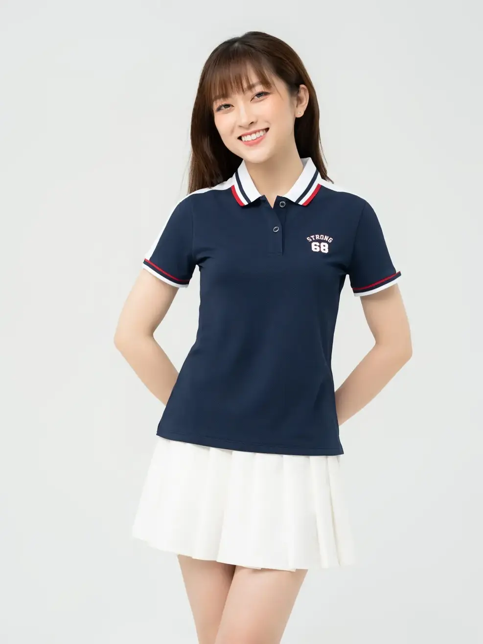 Polo Nữ Cafe Phối Tay - Navy phối Trắng - S