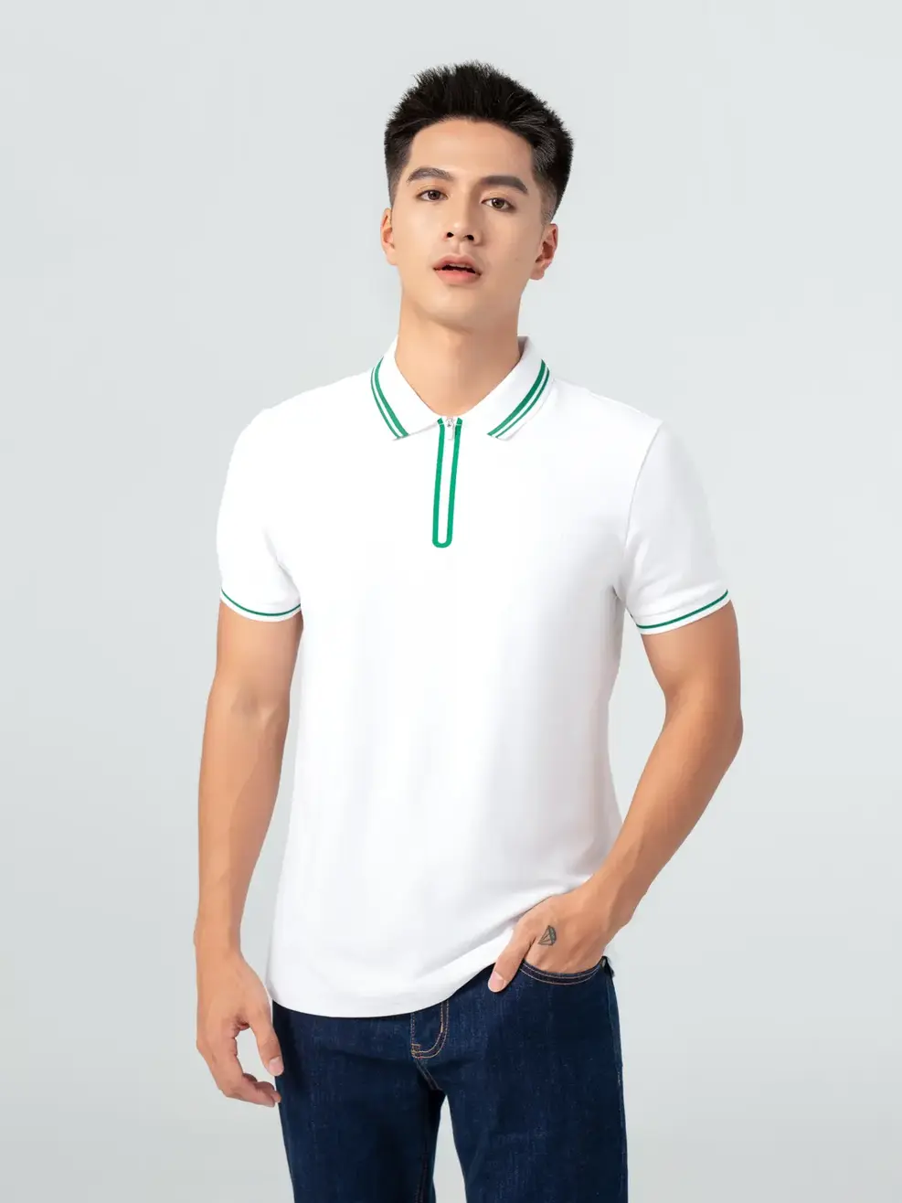 Polo Nam Cafe Dệt Tổ Ong Nẹp Khoá - Trắng - M