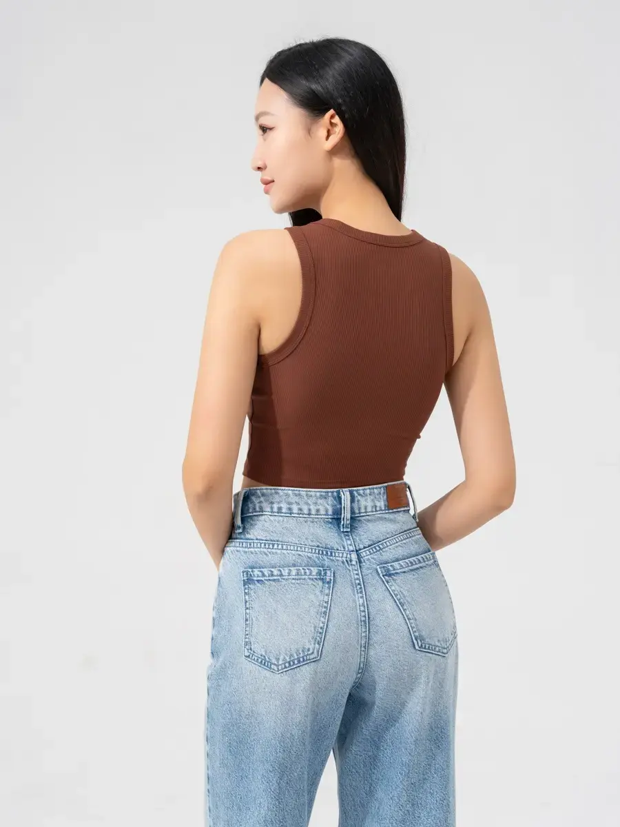 Áo 3 Lỗ Nữ Thun Rib Tăm Nhỏ Dáng Ngắn - Nâu - S