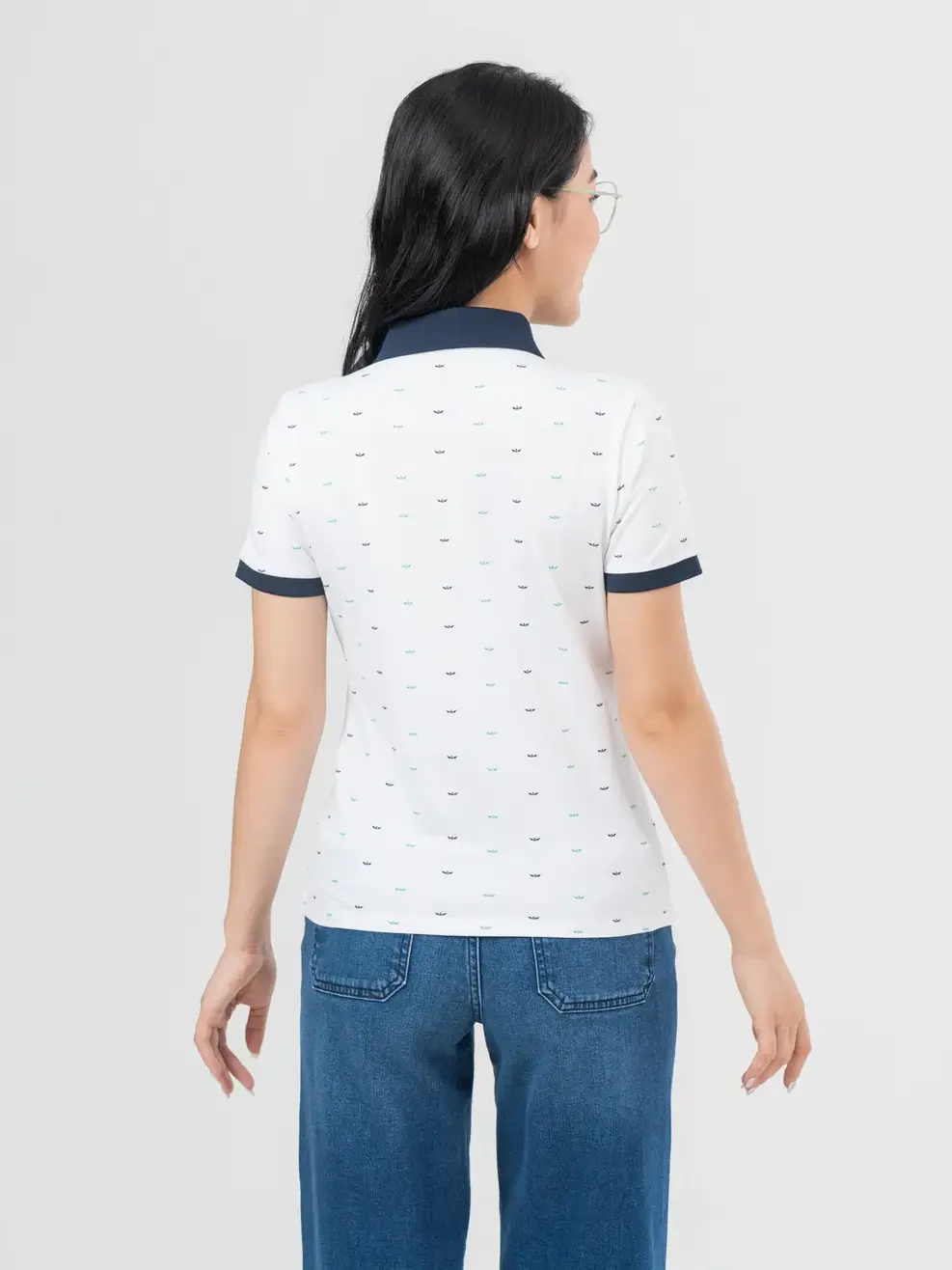 Áo Polo Nữ Mắt Chim In Thuyền Phối Màu - Trắng - S
