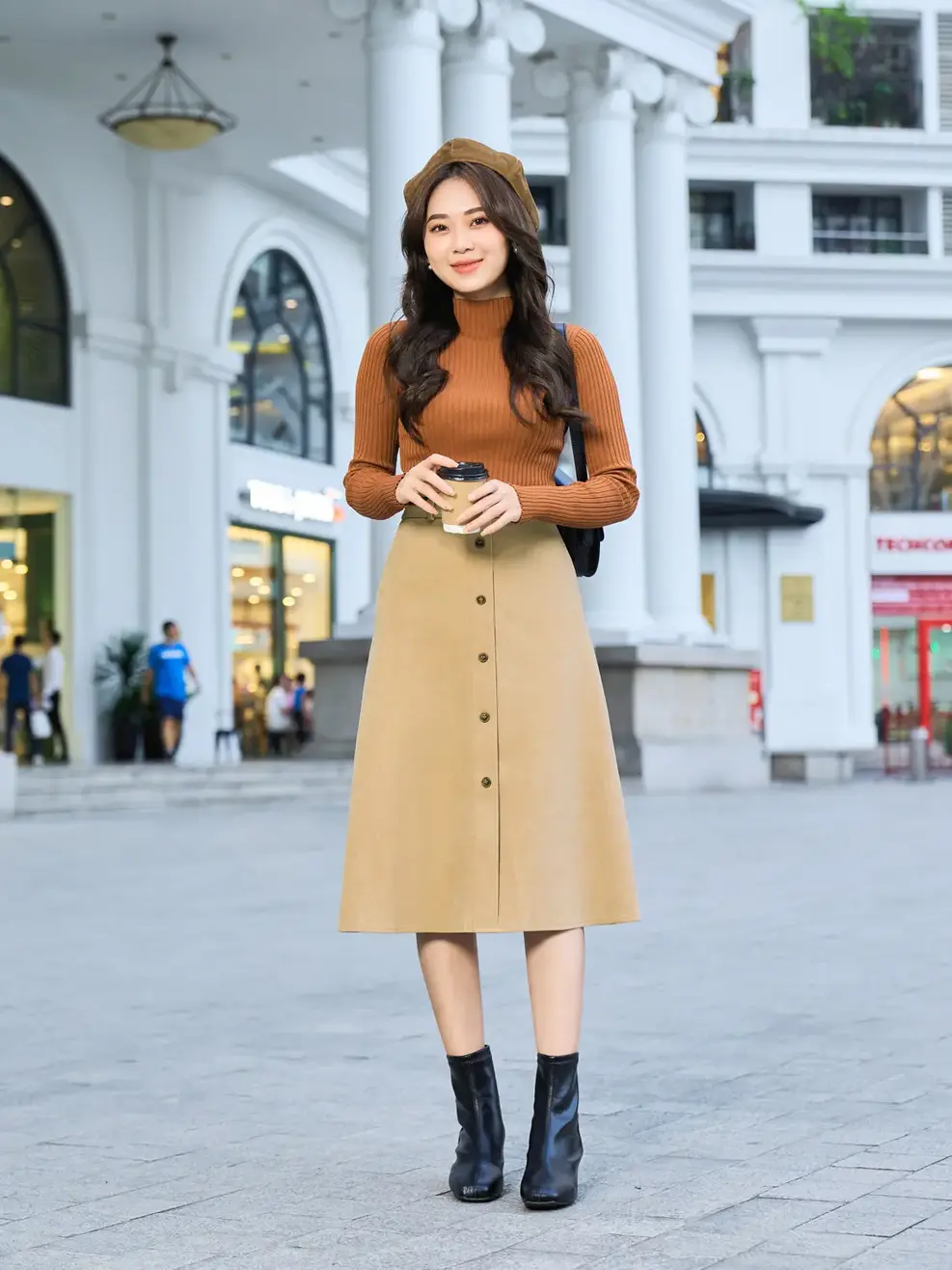 Chân váy dáng A dài nẹp cúc - Nâu nhạt - S