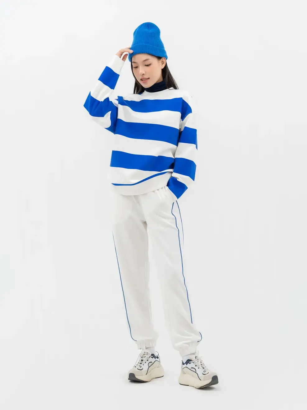 Áo Thu Đông Nữ Phối Kẻ  - Kẻ xanh đậm - S