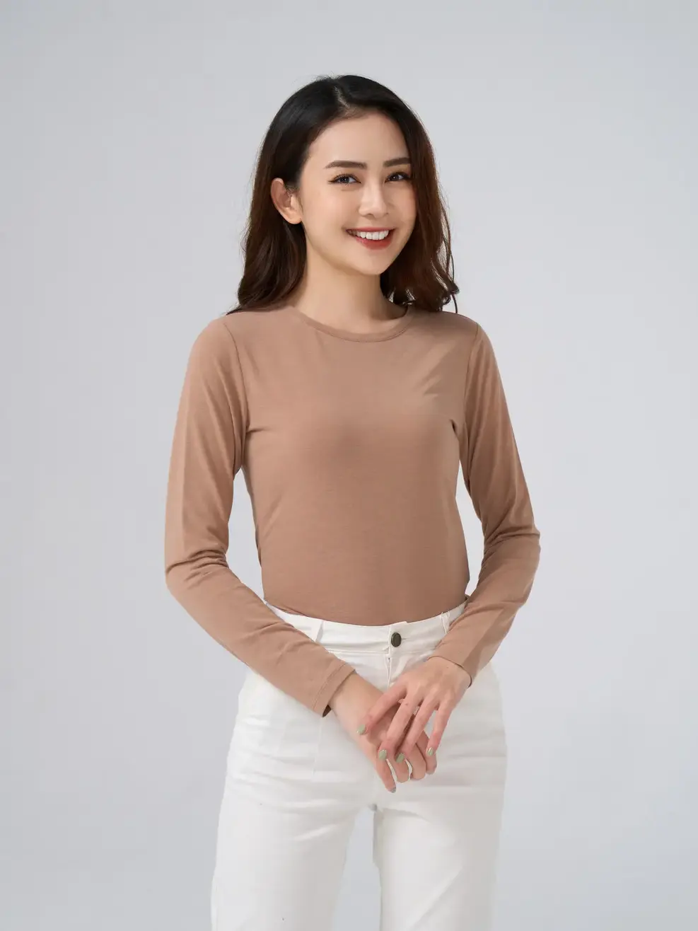 Áo giữ nhiệt nữ cổ tròn - Nâu - S