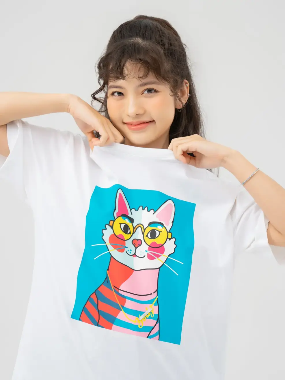 T-shirt Nữ In Cat Đeo Kinh Cotton Usa - Trắng 1 - F