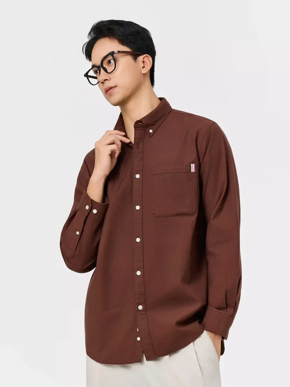 Áo Sơ-mi nam oxford dài tay phối túi - Màu nâu 002 - M
