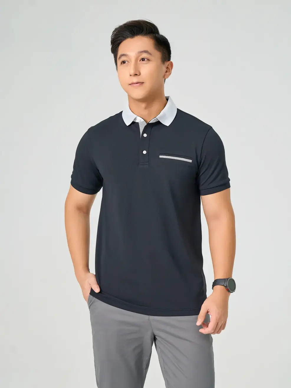 Áo Polo Nam Phối Kẻ Chéo - Đen - M