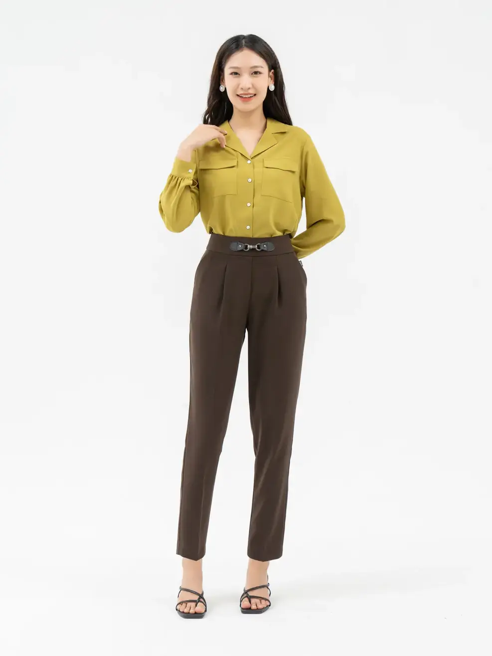  Quần Tây Nữ Baggy Cạp Phối Mặt Đai - Nâu đậm - L